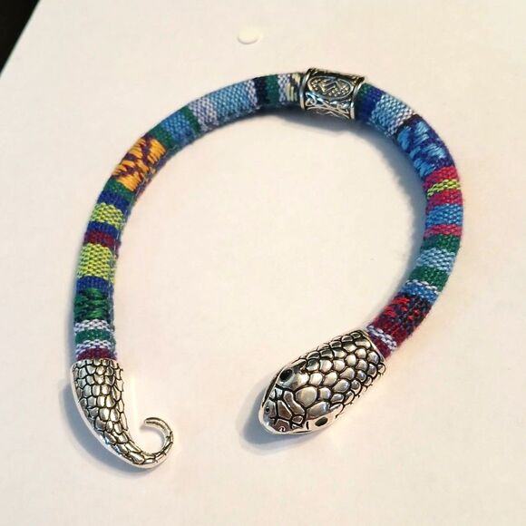 Men's Blue Striped Metal Snake Bracelet Hook Closure - Picture 4 of 6